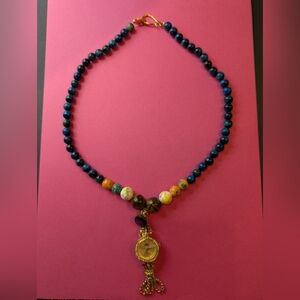 Vibrant Natural Stone Beaded Necklace with Vintage Watch Pendant